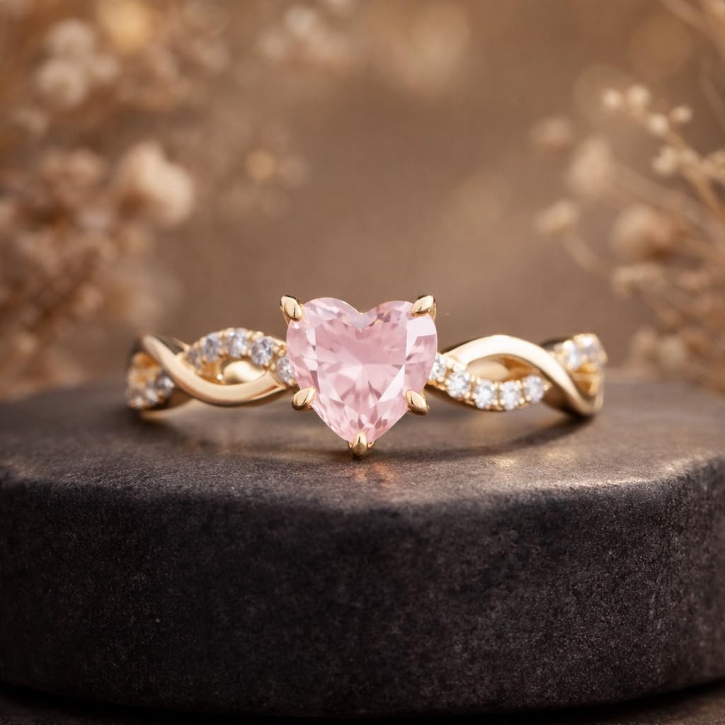 Heart Cut Pink Sapphire Engagement Ring for Women 14K Yellow Gold Plated Infinity Band Ring with Sparkling CZ Accent Stone Romantic Promise Anniversary Jewelry Gift for Her