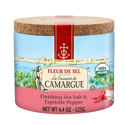 Le Saunier de Camargue Fleur de Sel con Espelette Chile – Sal Marina Francesa con Pimienta de Chile Suave – Sal de Acabado Hojitas Gourmet Cosechada