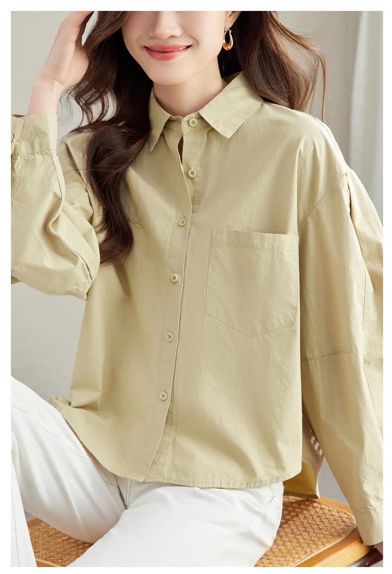 Camisas De Manga Larga De Algodón para Mujer, Blusa Tipo Túnica con Solapa, Botones, Dobladillo Irregular, Verde, con Bolsillo, Informal, Holgada, Elegante, para Verano