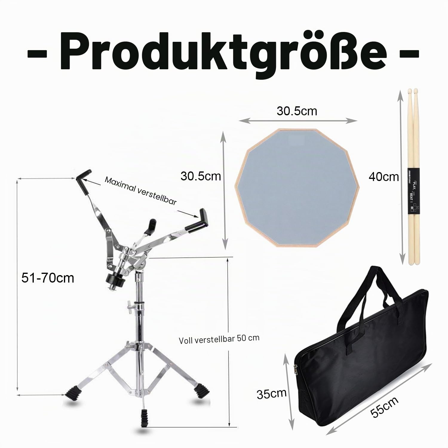 Drum Pad Set,Snare Ständer,Übungspad Schlagzeug,12" Kieselgel Übungspad,30,5 cm Snaredrum-Ständer-Set mit Doppelseitigem,Leisem Schlagzeug-Pad,Schlagzeugstöcken,Verstellbarem Ständer