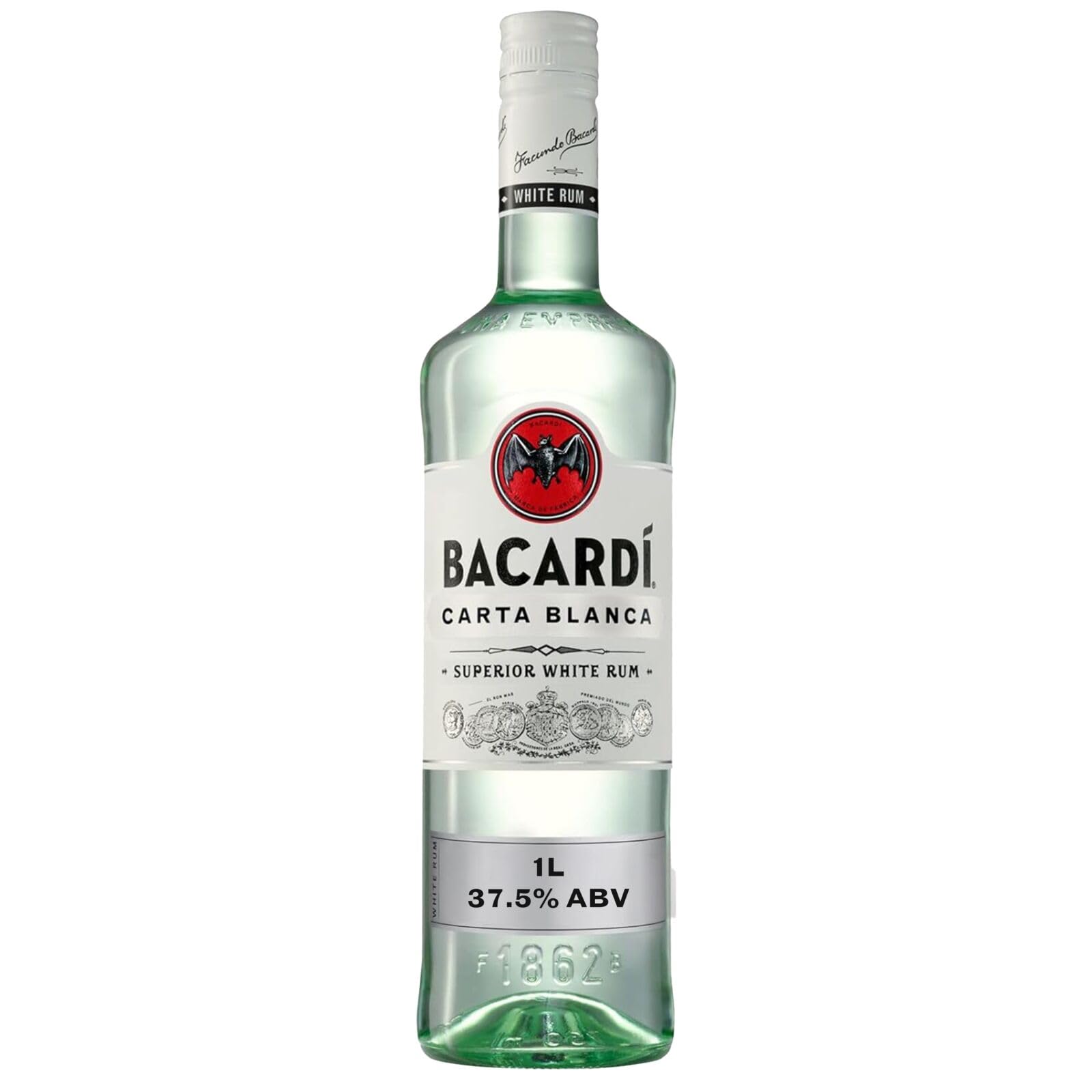 BACARDI Carta Blanca Superior White Rum - 1L / 100cl, 37.5% ABV - Iconic Caribbean Rum Perfect for Mixing and Cocktails