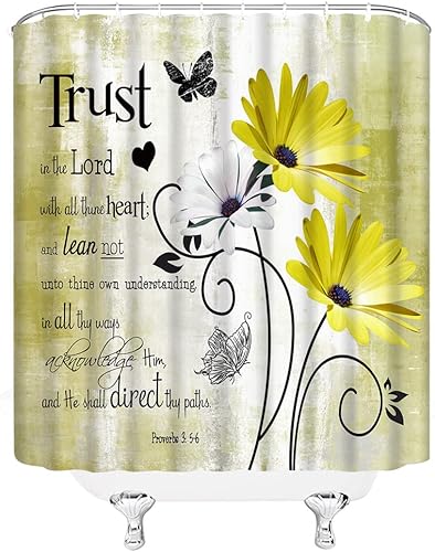 Miniatura 3 de GCTNBJL Cortina de ducha con frase inspiradora, con frase en inglés "Trust in The Lord", rústica, granja, floral, flores amarillas, mariposa,