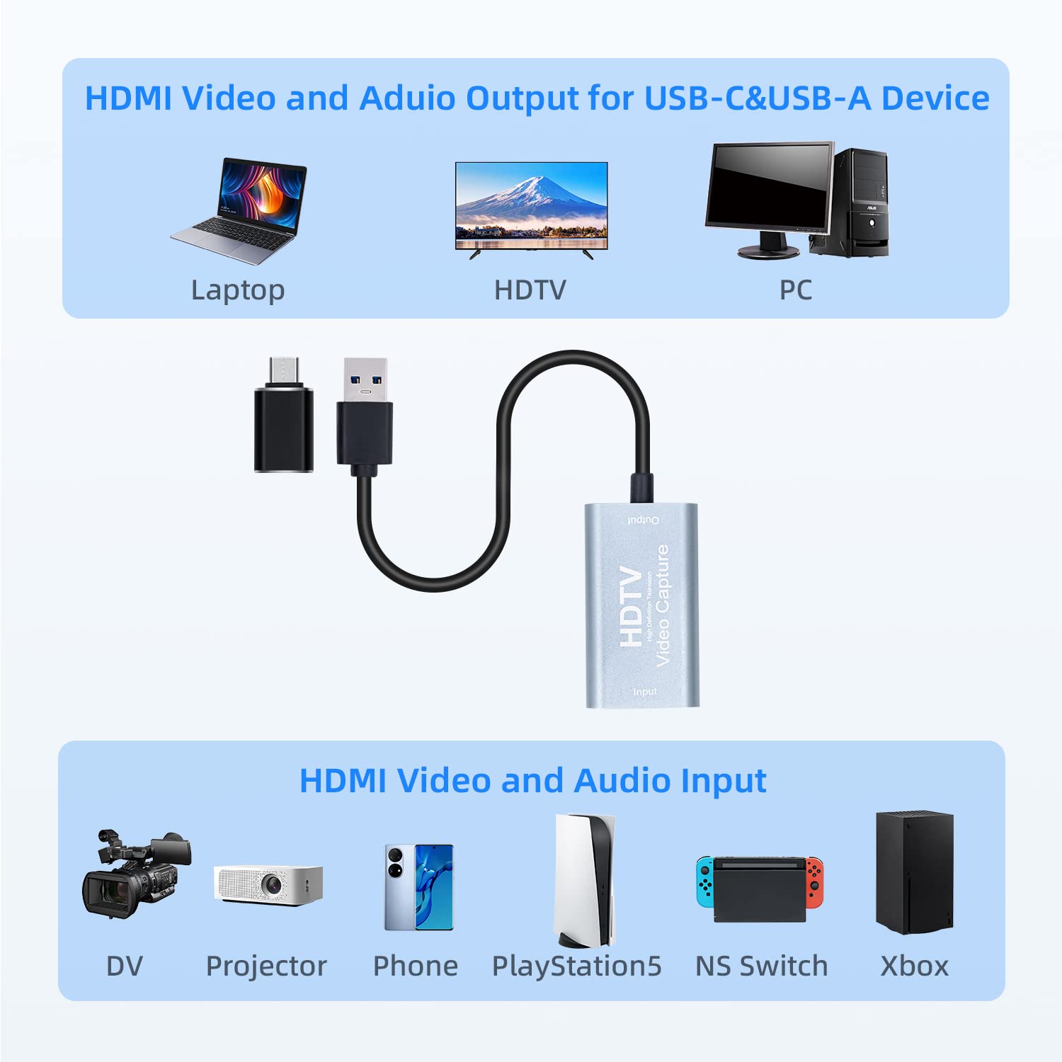 Mcbazel 4K HDMI Capture Card USB C, Video Capture Device for Live Streaming/Gaming/Recording, 1080p 60fps USB 3.0 HDMI to USB C Capture Card with Adapter, Compatible with OBS/PS5/Switch/PC/Mac