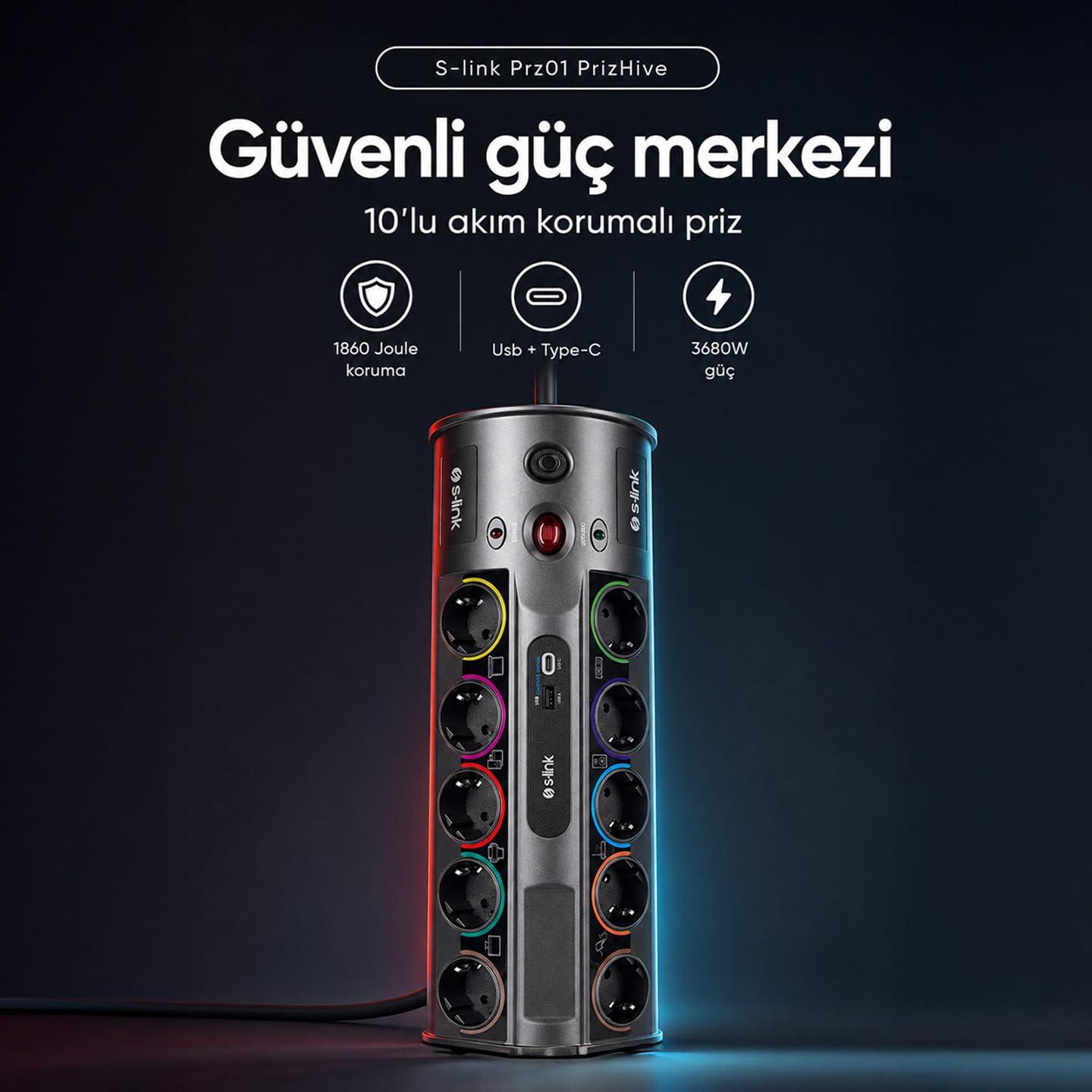 S-link PRZ01 PrizHive 3 Metre 1860 Joule 1.5mm 1 Usb 1 TypeC 2.1A/5V 16A 250V 3680W 10lu Akım Korumalı Priz