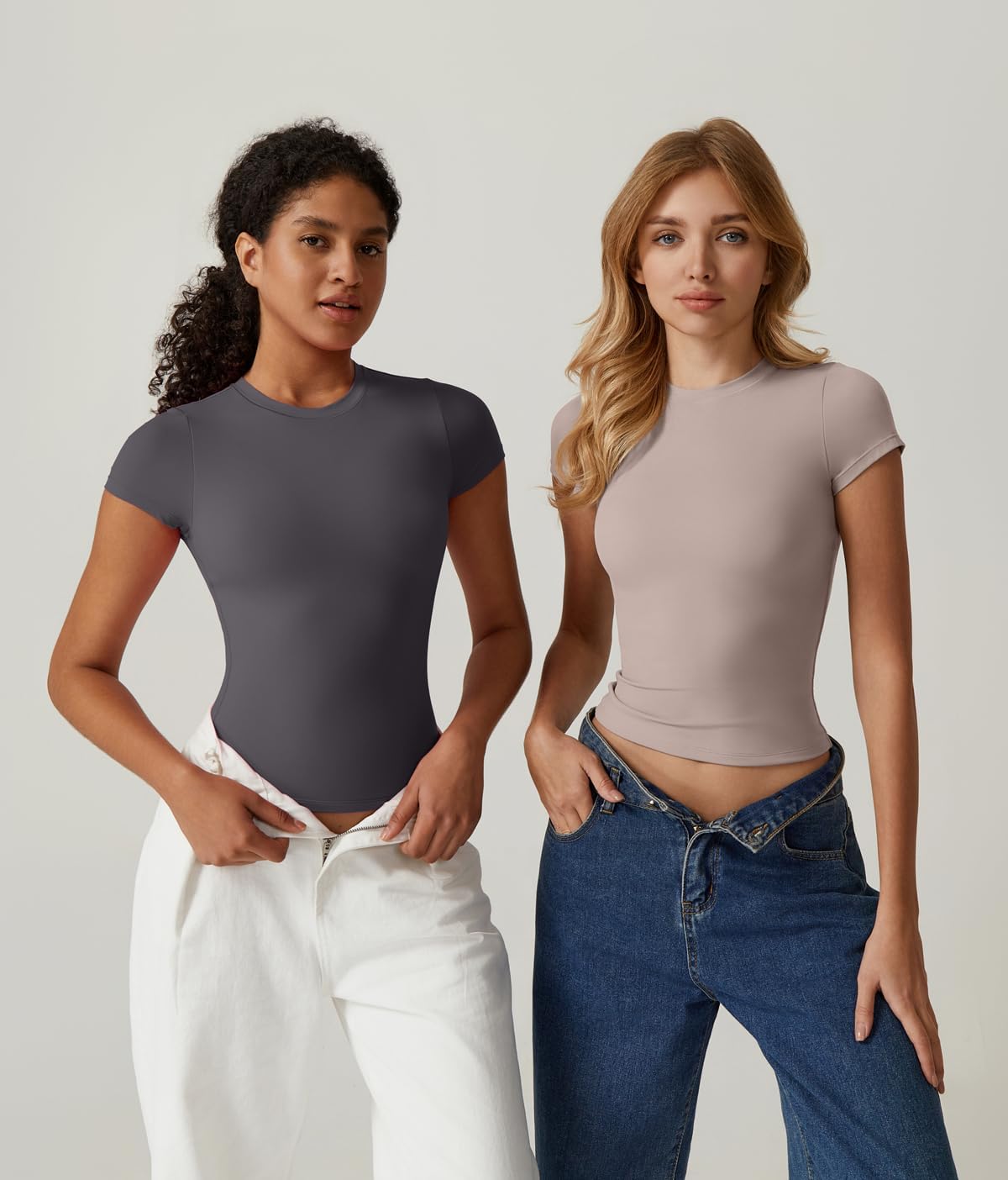 QINSEN Women's Crew Neck Short Sleeve Double-Layer Tops Basic Slim Fit Going Out T Shirt - Image 3