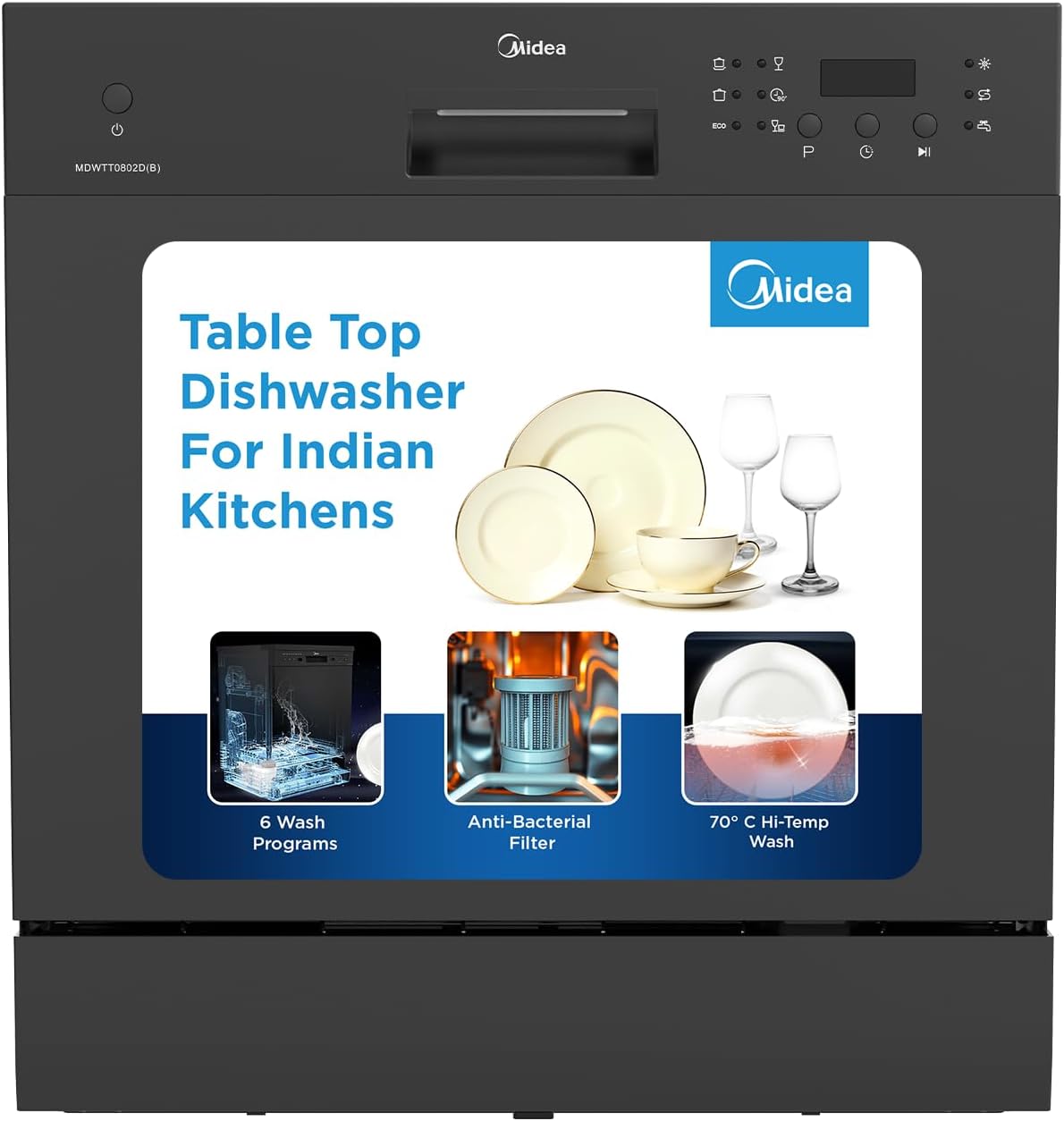 8 Place Setting Countertop Dishwasher (MDWTT0802D(B) IN, Black, 6 wash programs, Portable, anti-bacterial filter & Intensive 70 degree wash for Ultra Hygiene, 24 Hour Delay Timer)