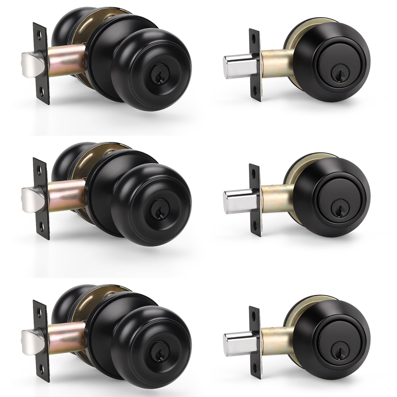 KNOBWELL Paquete de 3 pomos de puerta de entrada con llave igual y cerradura de cerrojo de un solo cilindro, juego de seguridad para puerta exterior y delantera, cerraduras de puerta de entrada con
