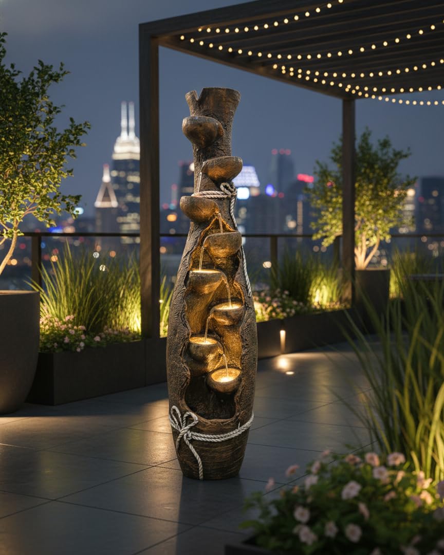 Indoor Outdoor Water Fountain 45 INCH | Tall Vase Style 7-Tier Cascading Waterfall Fountain with LED Lights & Water Pump for Home, Garden & Office D�cor-image-11