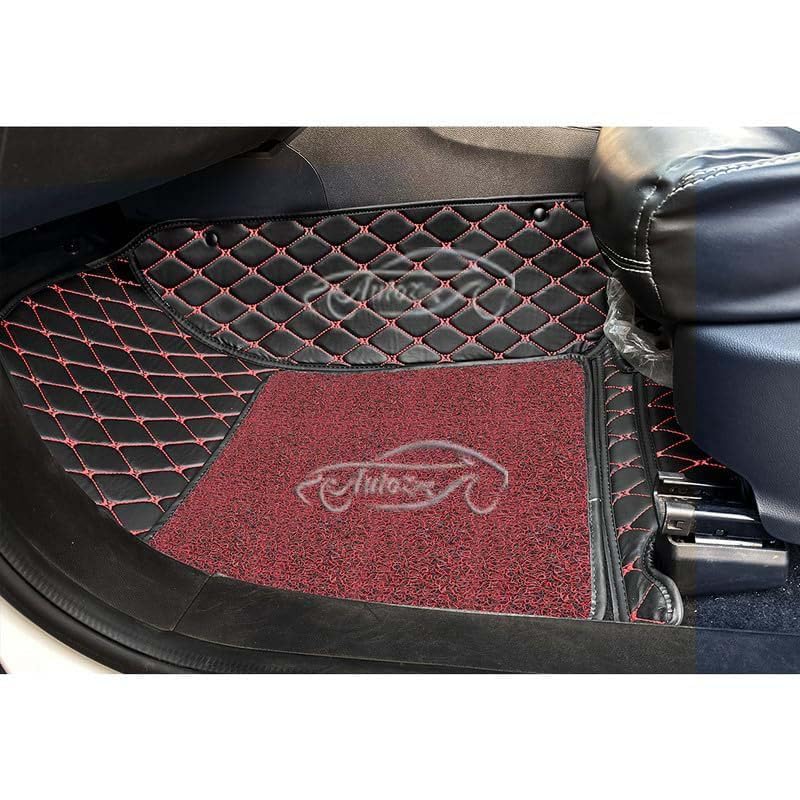 Image of 7D Luxury Car Floor Mat for Skoda Kushaq | 7-Layer Leather, Curly Base, Anti-Skid & Waterproof (Black Red with Red Curly)