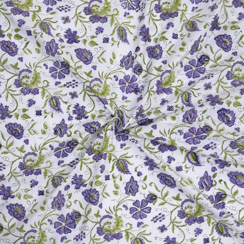 Image of TOAI Hand Block Printed Bedsheet | Bed Sheet Flatsheet | Pure Cotton | Double Bed King Size 108 inchx108 inch | 300 TC Bedsheets | Includes 2 Pillow Covers (Purple Green Floral Spread)