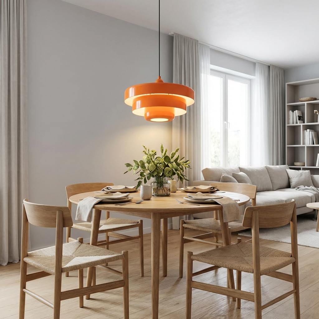 BARCELONA LED Pendelleuchte MACARRON E27 Bauhaus Orange | Metall, 3-lagiger Schirm, Höhenverstellbar, Max.40W, Für Wohnzimmer, Esszimmer, Schlafzimmer, Restaurant, Hotel
