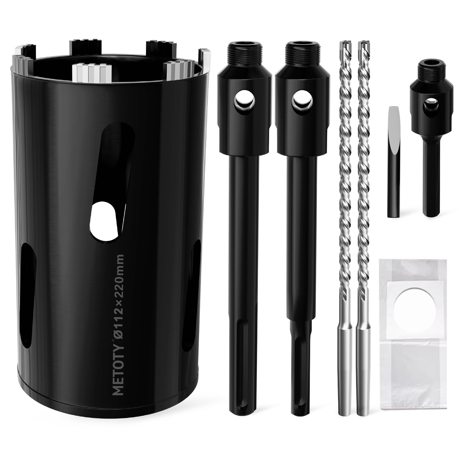METOTY 112 mm Diamond Drill Bit, Socket Drill, Crown Drill, with Sds Plus Shaft 220 mm, Sds Max 220 mm, Hex Shank 110 mm Centre Drill 10 x 240 mm for Concrete, Solid Brick, Hollow Brick, Masonry etc.