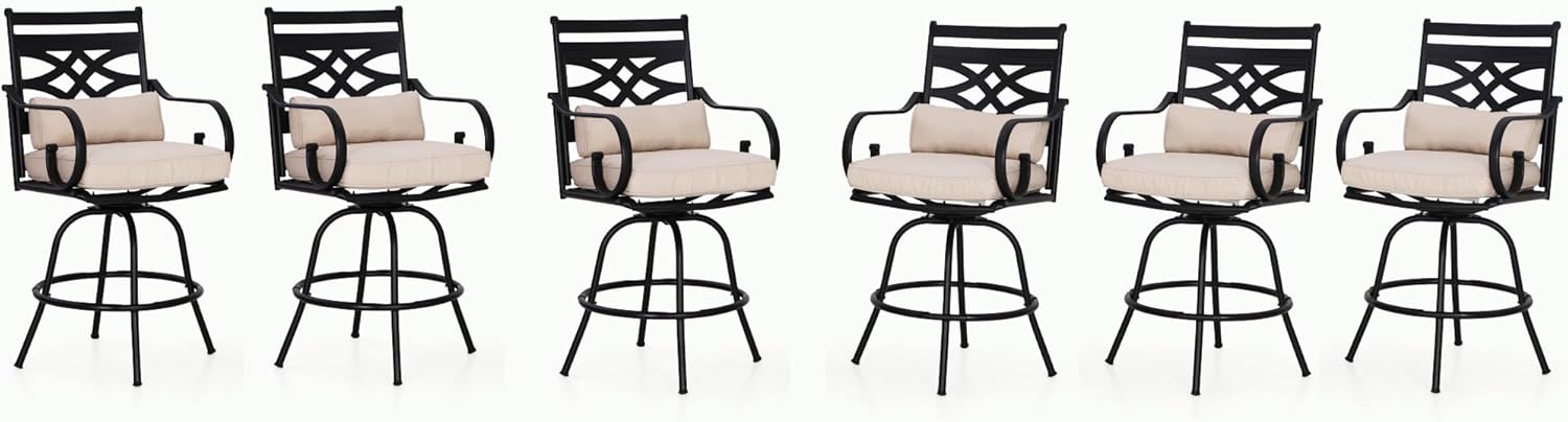 MFSTUDIO 6 PCS Patio Bar Stools, 360° Swivel Metal Counter Height Bar Chair with Seat & Back Support Cushion, All-Weather Resistant, Black