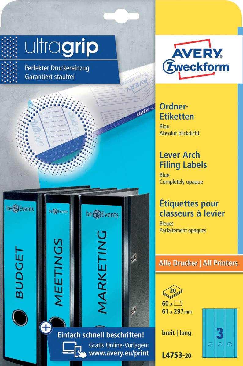 Avery Zweckform L4753-20 Folder Labels for Wide Folders Long e.g. for Leitz Elba Mehle Bene Biella 61 x 297 mm 20 Sheets