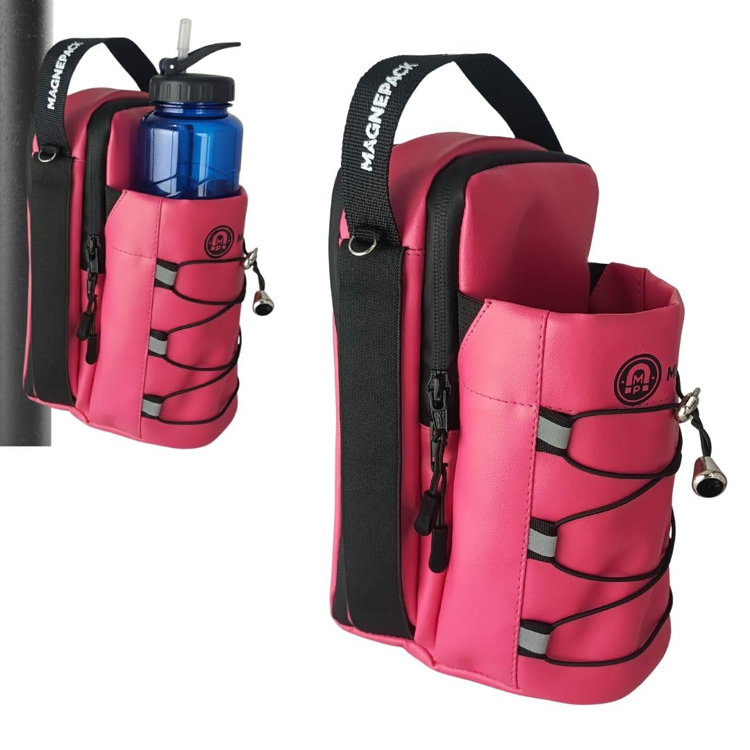 Magnepack Magnetic Gym Bag with Bottle Holder – Heavy-Duty Water Bottle Sling with Hook Strap, Multiple Pockets, Fits Most Racks – Compact, Durable, and Portable Gym Companion (Pink)