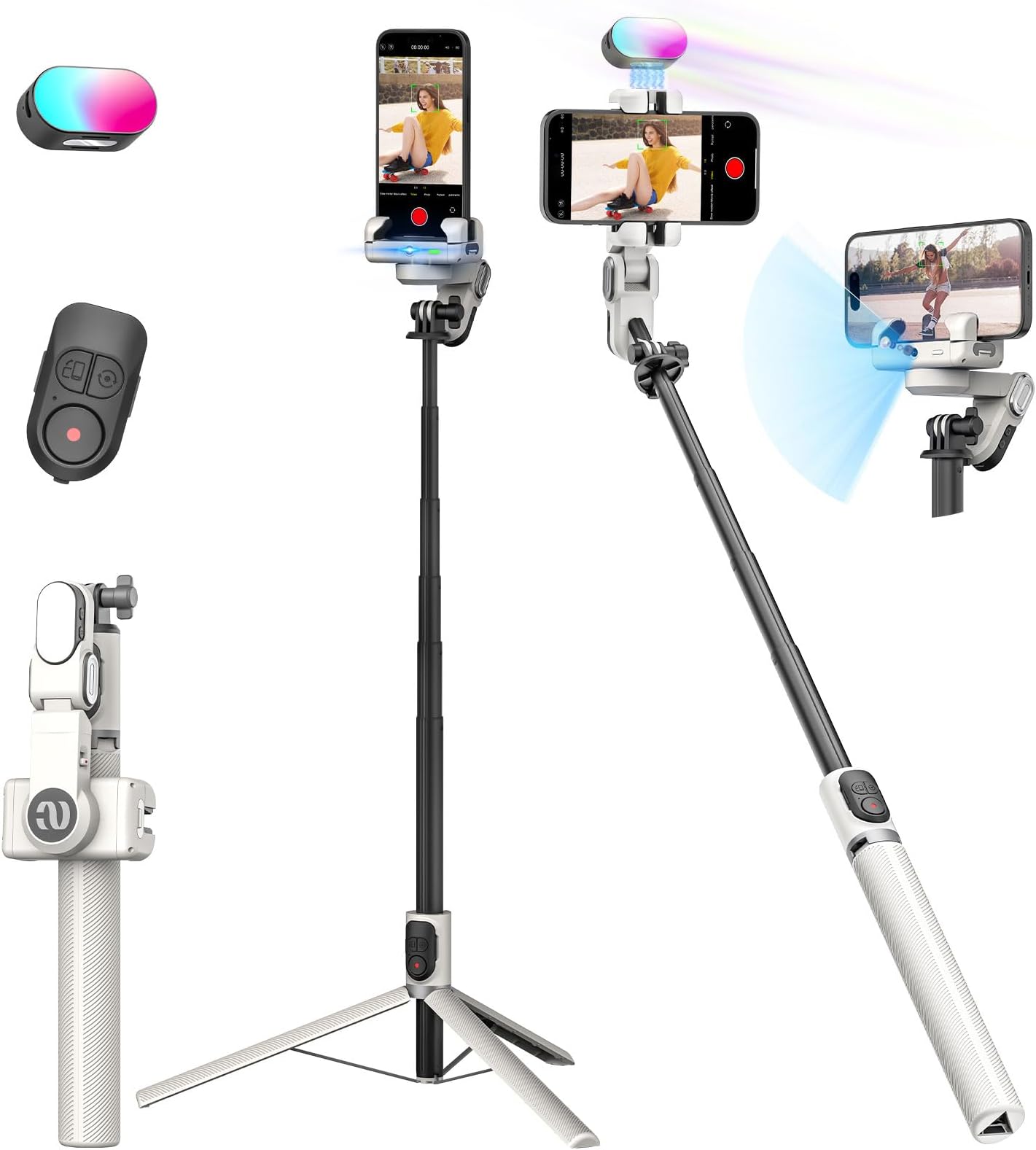 AOCHUAN Smartphone Gimbal Stabilizer, Smart Face Tracking Tripod Without APP - 4 in 1 Cellphone Gimbal Stabilizer for iPhone&Android Extended 108cm Rod with RGB Fill Light,M2PRO White