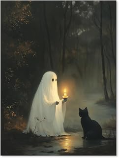 Horror Halloween Poster Cute Holding Candle Ghost Wall Art Gothic Dark Academia Black Cat Canvas Painting for Gallery Living Room Bedroom Wall Decor 12x16 inch Unframed