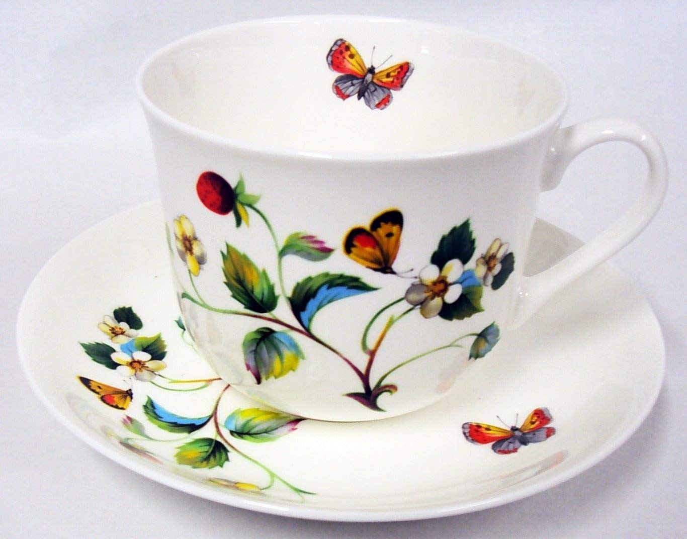 Strawberries & Butterflies Breakfast Cup & Saucer Fine Bone China Large Cup & Saucer Hand Decorated in The U.K. Free UK Delivery