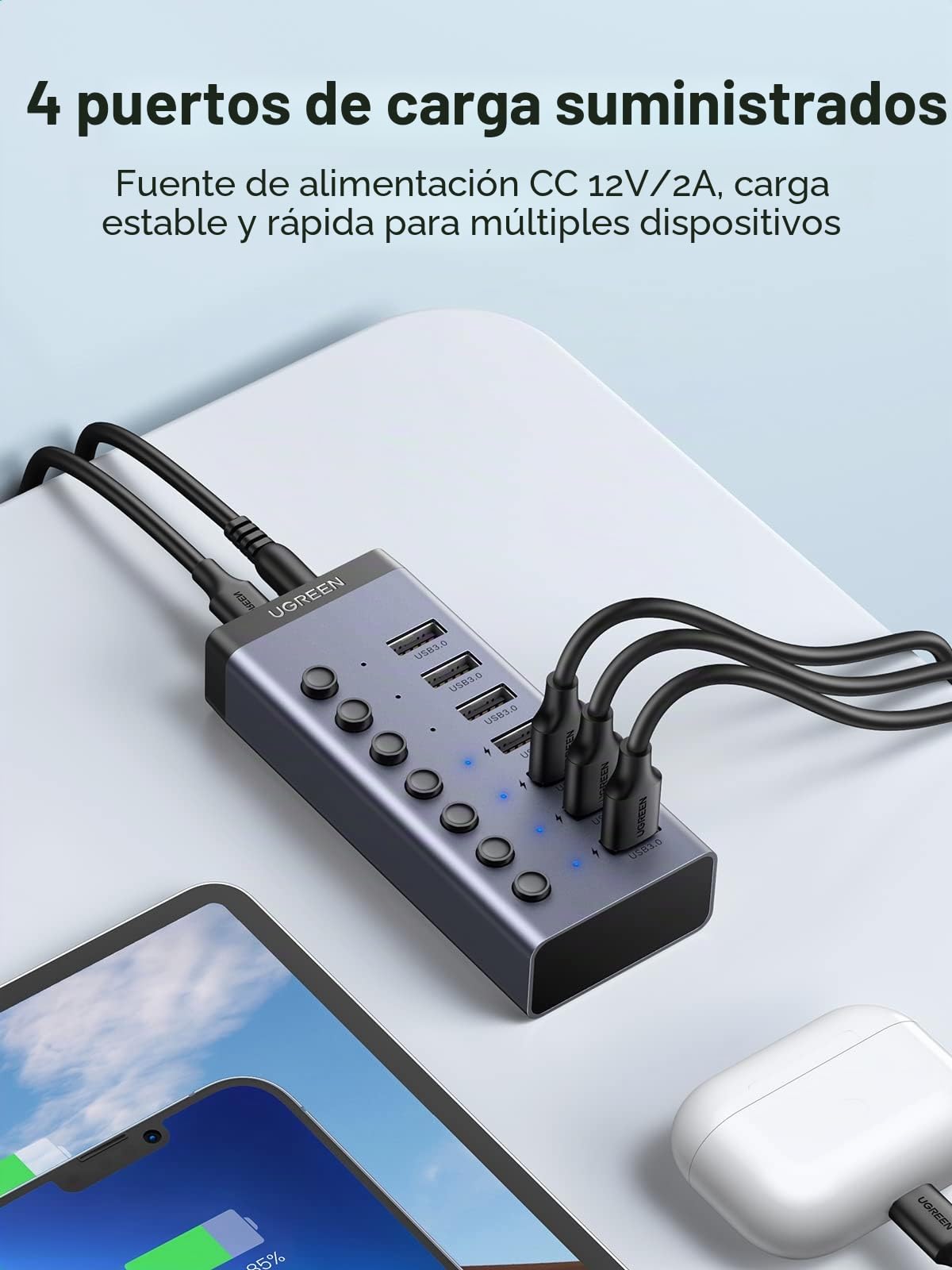 UGREEN Hub USB 3.0 7 Puertos con Interruptor y Fuente de Alimentación de 24W (12 V/2 A), Ladrón USB 3.0 de 7 Puertos 5Gbps con Adaptador de Corriente 5V 2A y 1M Cable Compatible con PC, Macbook