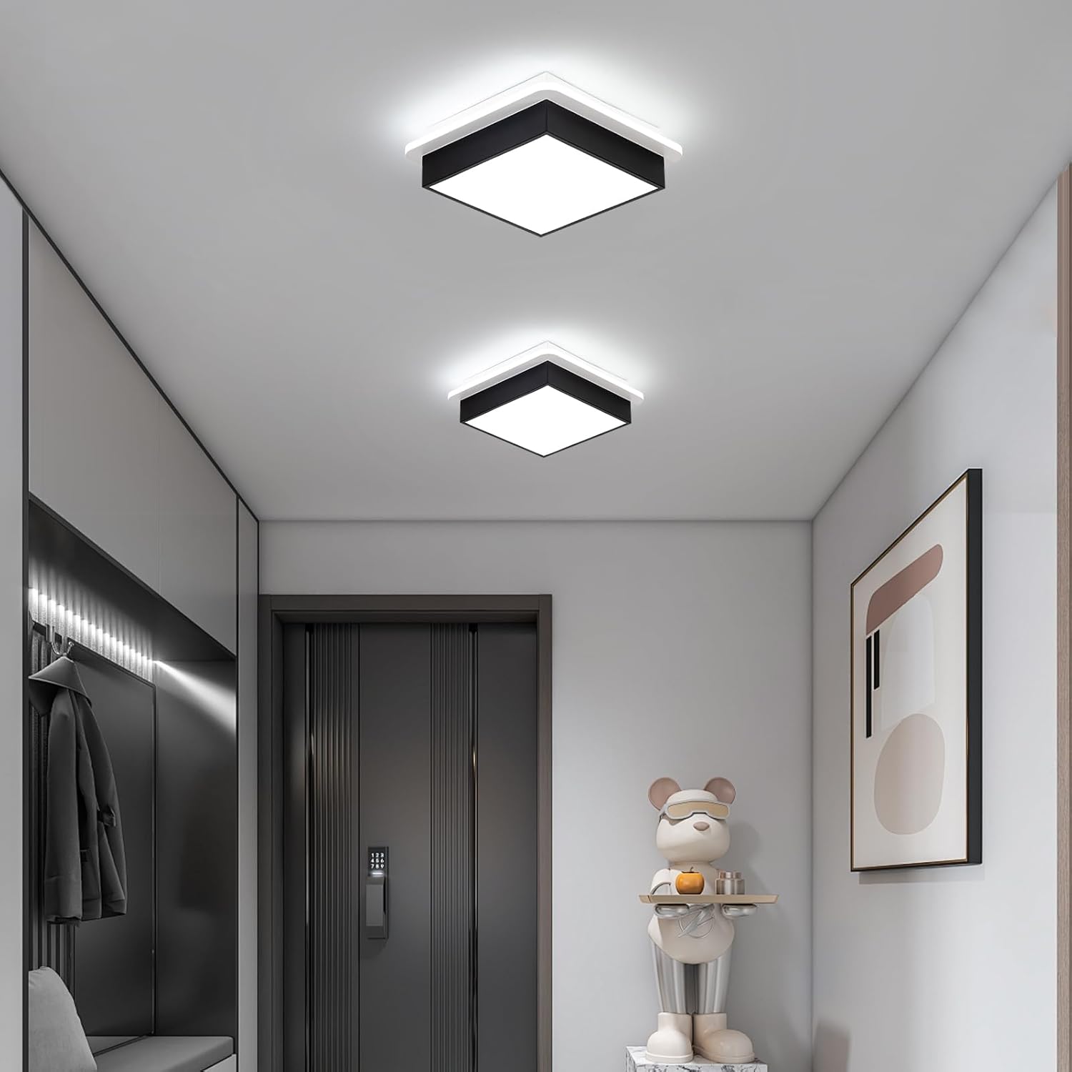 Modern Led Ceiling Light, 6000K Small Flush Mount Ceiling Light Fixture, Square Black Hallway Lighting Fixtures for Hallway Entryway Bedroom Balcony Bathroom Ceiling Lamp