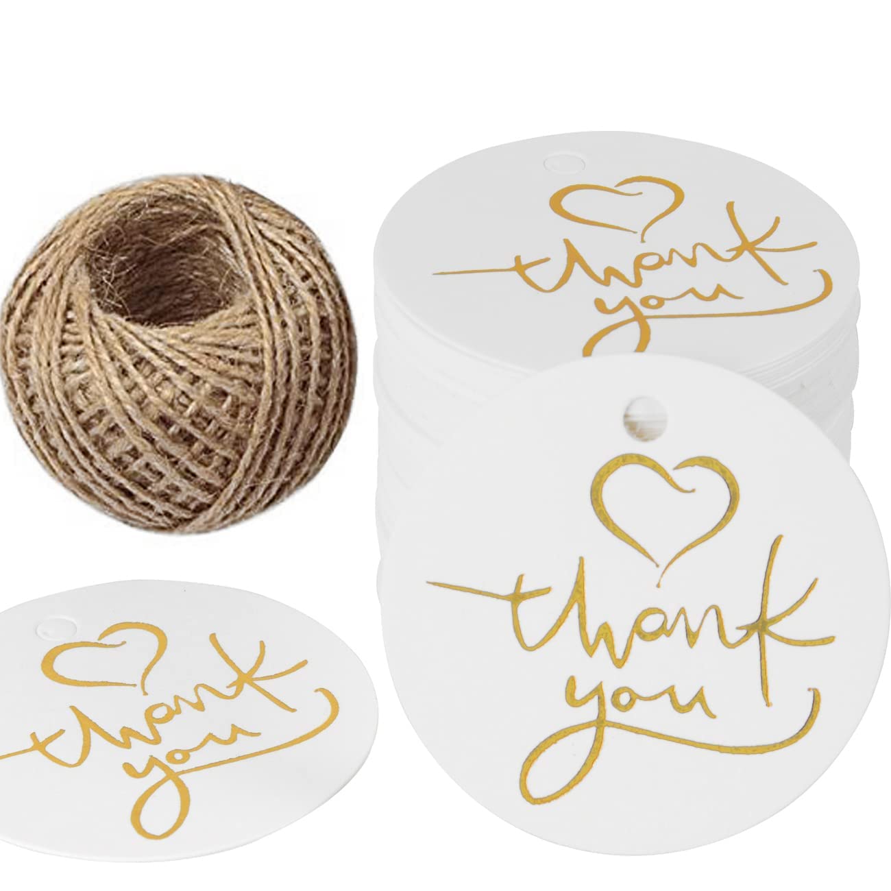 100Pcs Black Thank You Tags With Jute String - Round Gift Tags For Wedding & Parties