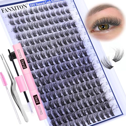 Image of FANXITON Natural Lash Extension Kit D Lash Clusters 288 pcs 10-18 mm Mix DIY Eyelash Extension Kit with Lash Bond and Seal Lash Tweezers Individual Lashes For Beginners