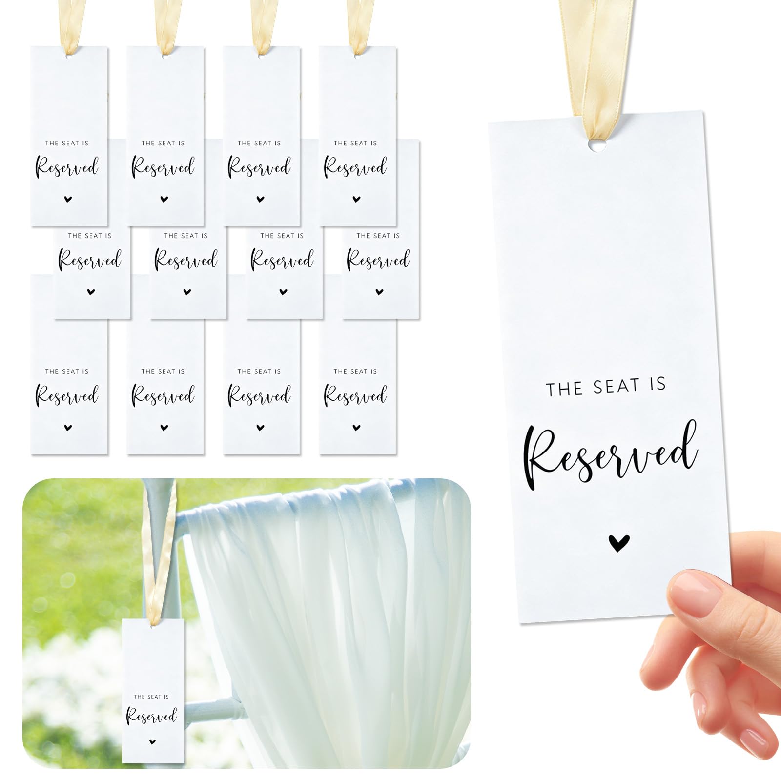 LLMSIX 12Pcs Reserved Seat Signs for Wedding Chairs Ribbon, The Seat is Reserved for Ceremony Seating Tag for Church Pews Important Events, Double-Sided Print (Cream)