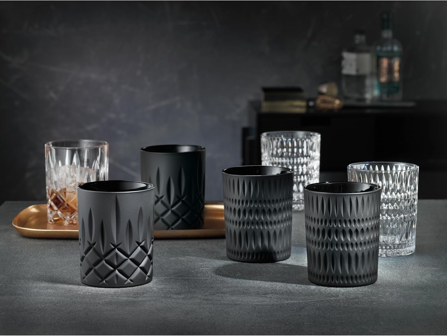 Nachtmann Ethno Whisky Tumbler, 6-teiliges Whiskybecher-Set, 304 ml, Schwarze Whiskygläser aus Kristallglas mit Schliffdekor, Spülmaschinenfest, Schwarz, 105395-3