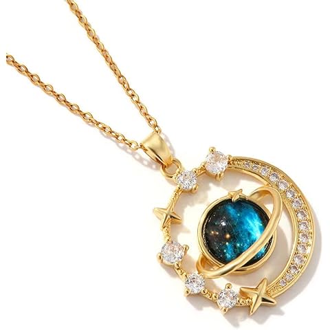 18K Gold Plated Diamond Saturn Pendant Choker Necklace Aesthetic Space Planet Star ...