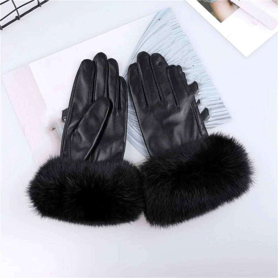 Guantes de cuero para mujer con puños de forro polar, guantes térmicos con forro polar para pantalla táctil, resistentes al viento, ciclismo, conducción, correr