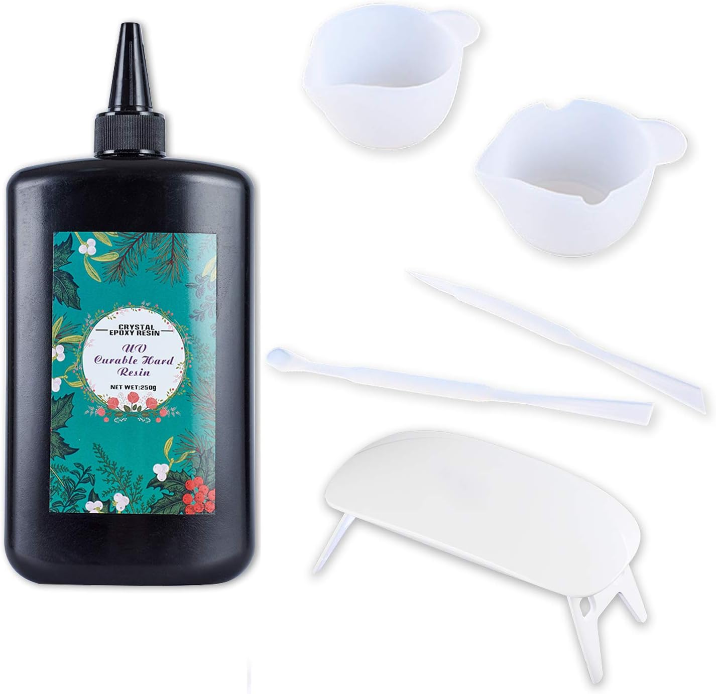 250g UV Resin (Starter Kit) + Light Included! Crystal Clear UV Resin Glue + Resin Accessories Use in: Keychain Making Kit, Jewellery Making Kit, Crafts DIY Gift Set, Cure with UV Lamp and Sunlight