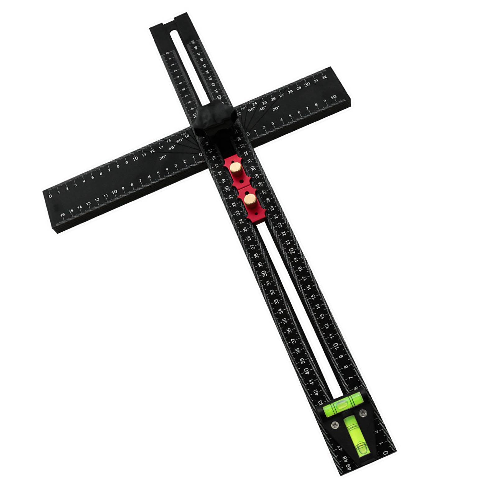 Équerre en T de 54 cm avec niveau à bulle, outil de mesure multi-angles pour le travail du bois, règle combinée réglable avec angles de 45° et 90°, alliage d'aluminium, noir