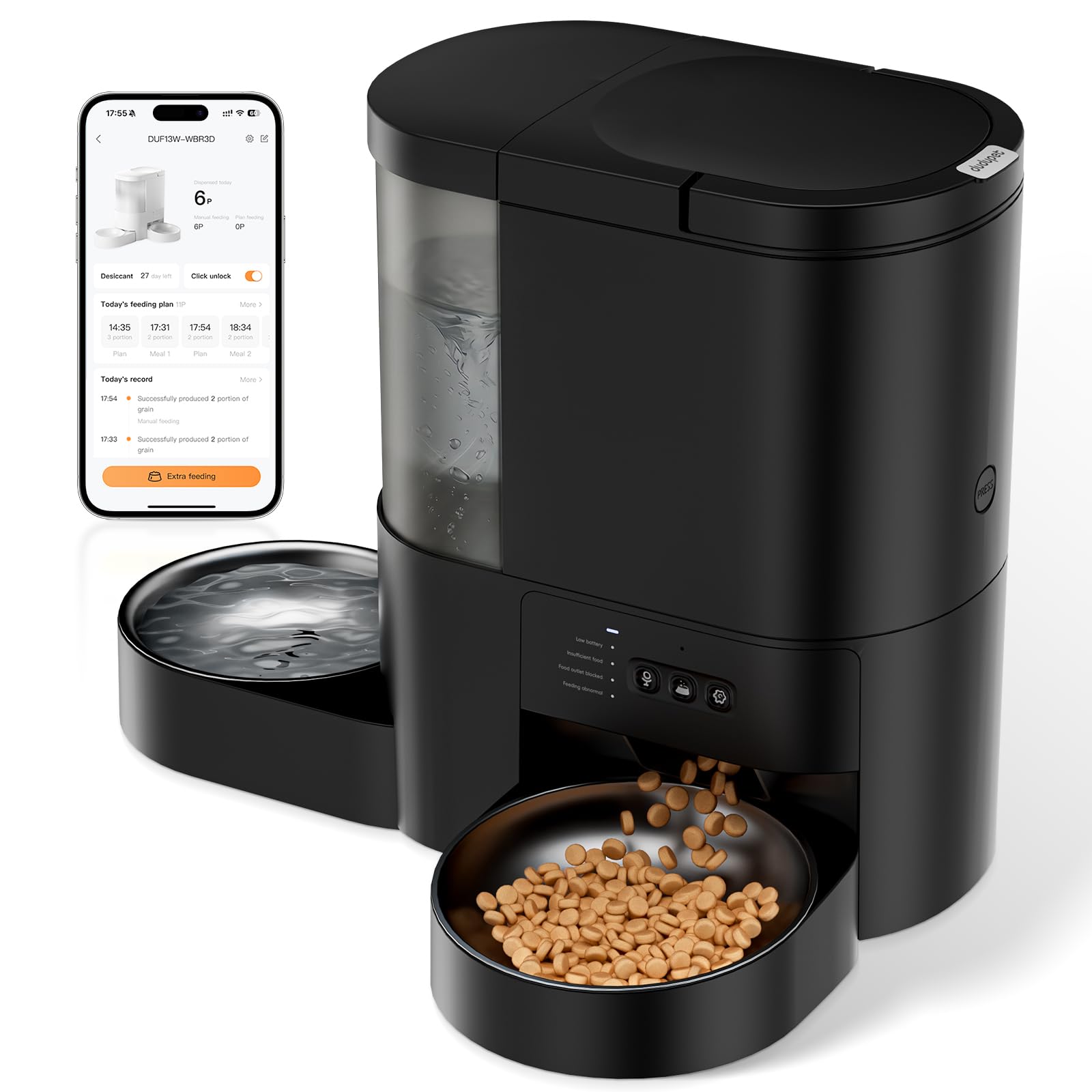 DUDUPET Distributore Automatico Cibo e Acqua Gatti 2-in-1, WiFi 5G App, 4L Dispenser Cibo e 3L d'Acqua, Registrazione Vocale, 10 Pasti Programmabili, 1-15 Porzioni, per Gatti e Cani di Piccola Taglia