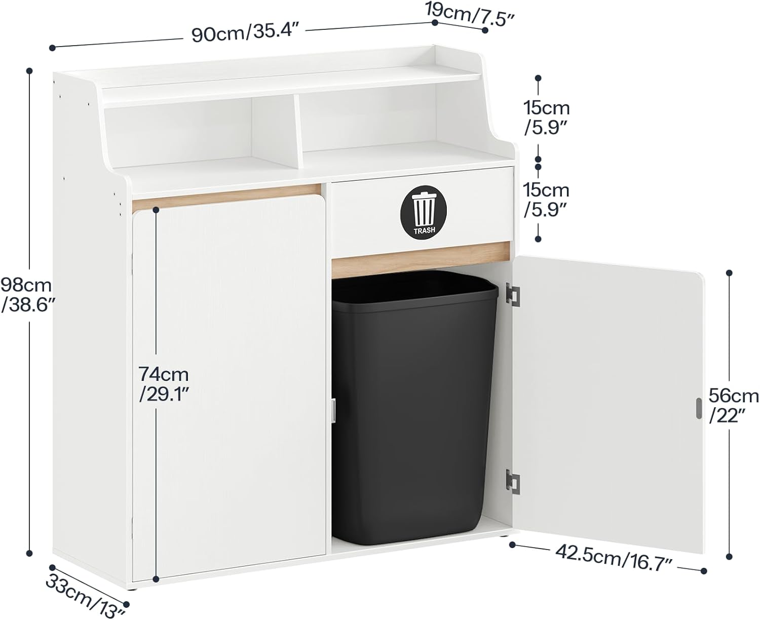 HOOBRO Double Trash Cabinet, 20 Gallon Trash Storage Kitchen Trash Can Cabinet, Removable Shelf & Anti-Tip Kit, Hidden Trash Storage with Open Compartments,White and Natural WN05LJ01