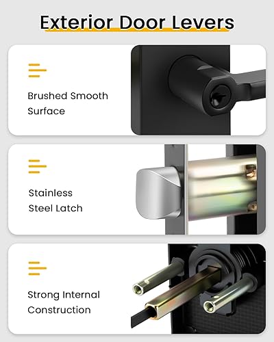Miniatura 7 de goldenwarm Juego de cerraduras negras para puerta delantera, manija cuadrada negra mate para puerta exterior con cerrojo de seguridad, cerraduras de