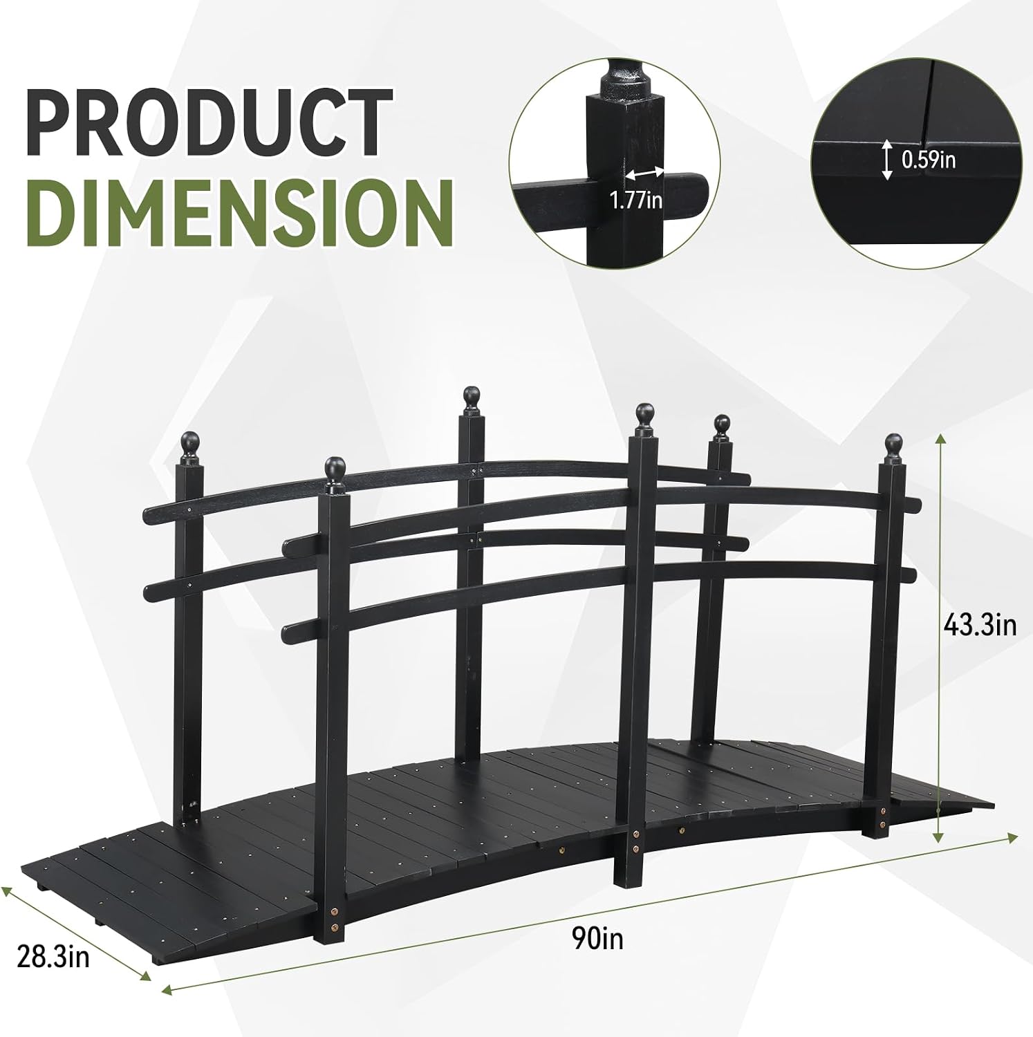 Diagram showing the dimensions of the Outvita garden bridge: 90 inches long, 28.3 inches wide, and 43.3 inches high.