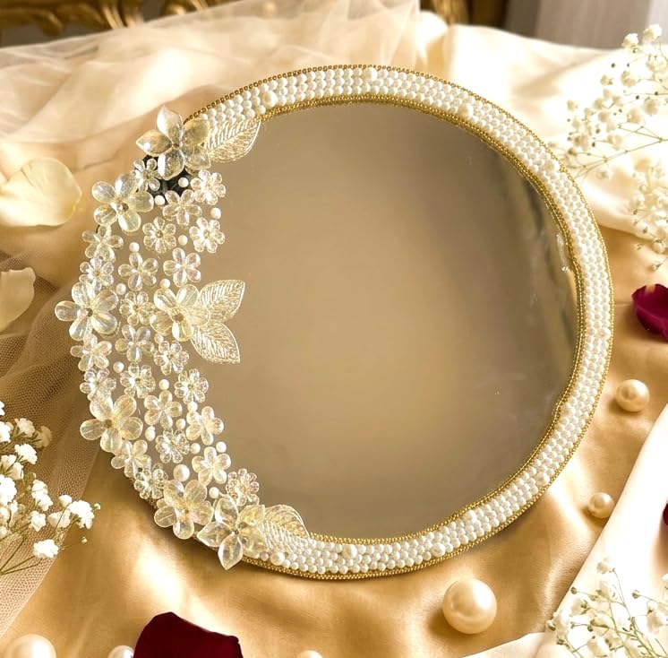 SOB FASHION Beautiful Wedding Mirror for Bride & Groom Personalized Nikah Shadi Mubarak Decorative Mirror Artificial Beads Design Wedding Gift for Couple Friends & Family. (White Beadds Design D1)-image-4