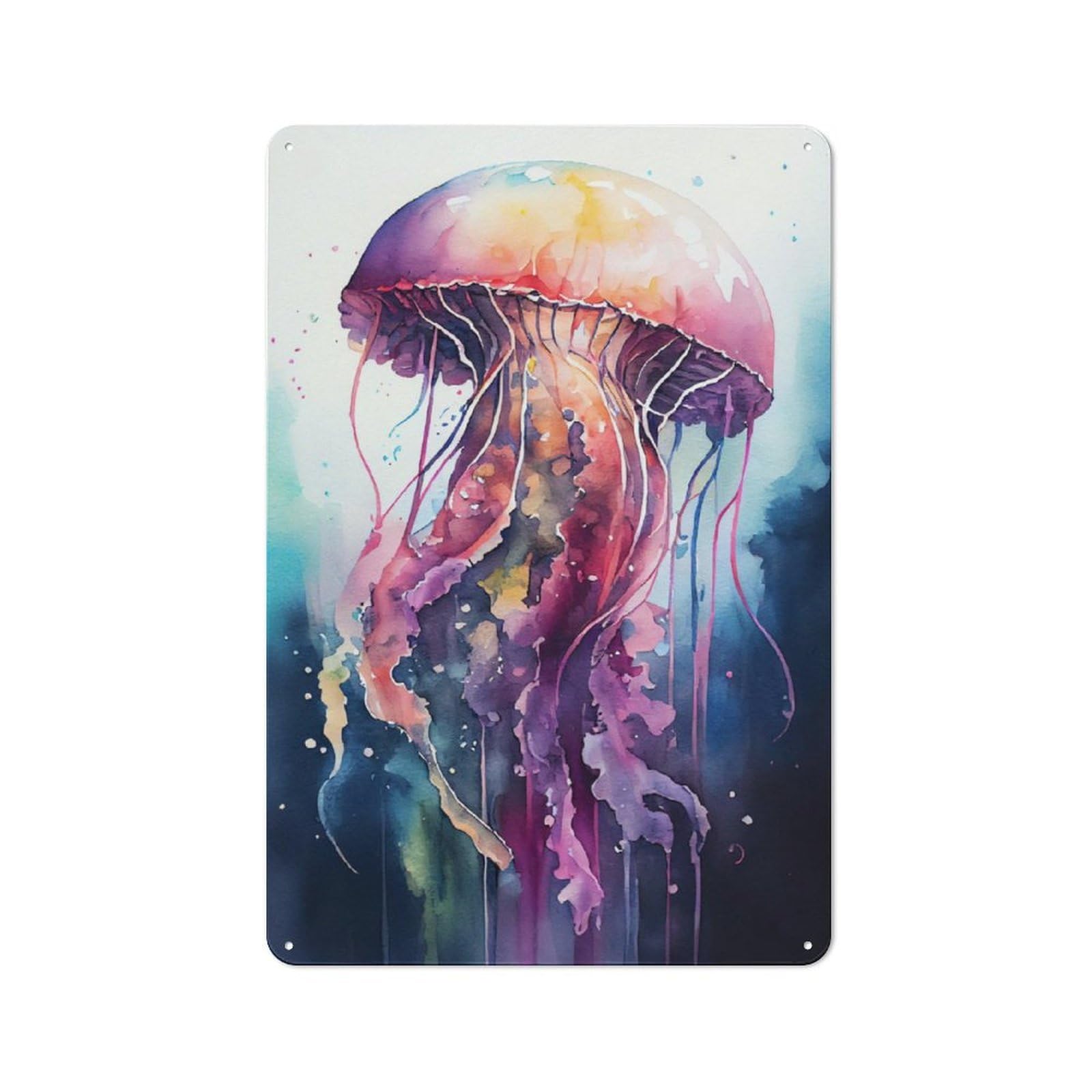 Industrial Tin Wall Sign 30x20cm Featuring Jellyfish Watercolor, Urban Room Decor for Workspace, Cafe, Hallway Or Garage