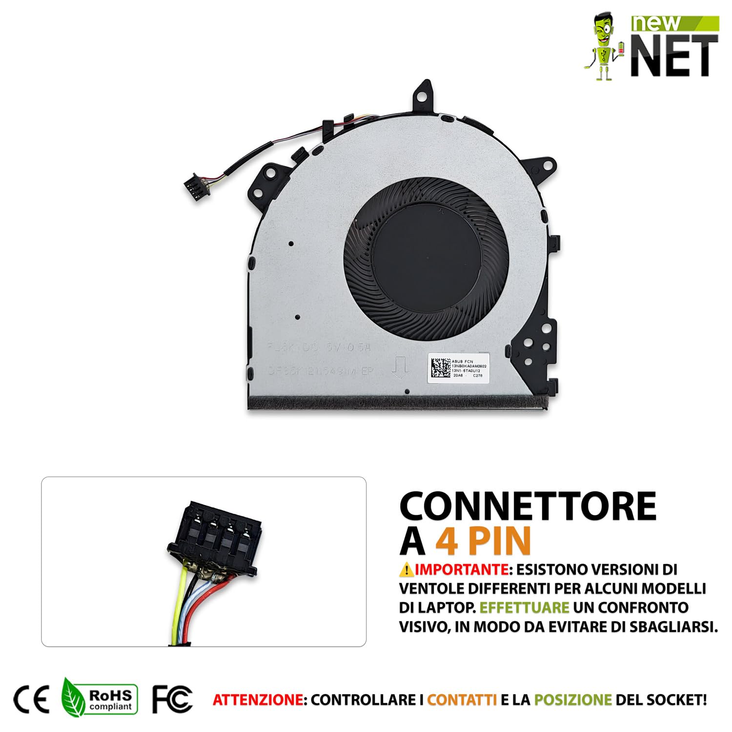 new net - Replacement - Ventola CPU Fan Compatibile con ASUS VivoBook F510Q F510QA F510U F510QR F510UF F510UA F510UN F510UQ F510UR S510 S5100[ 5 V con Diametro da 40 mm