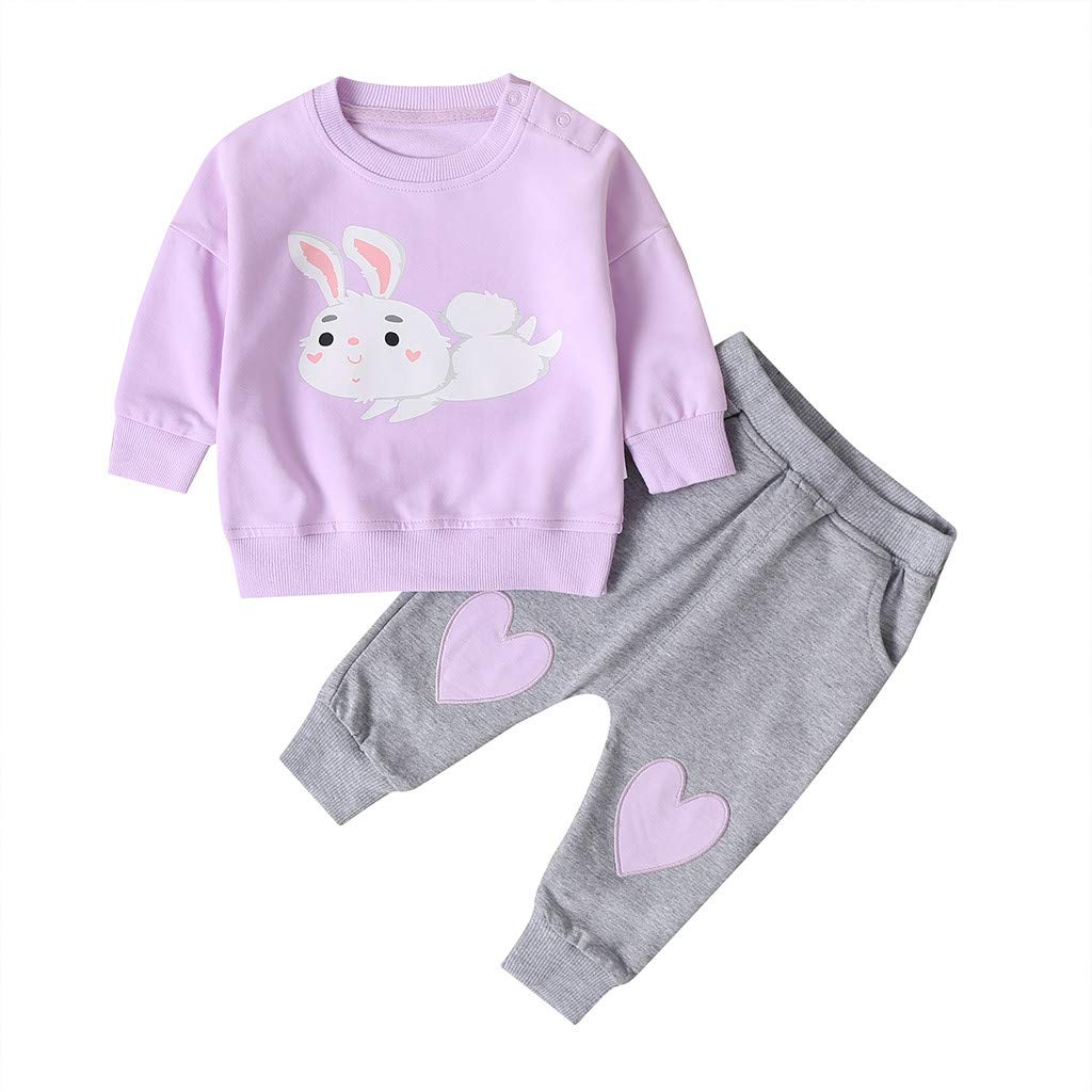 0-24M Baby Cartoon Rabbit Sweatshirt Pant Outfits for Autumn Winter Tracksuit, Smilvy Newborn Infant Purple Clothes Set