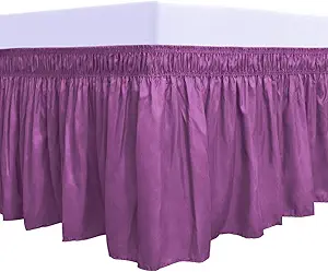 PureFit Wrap Around Ruffled Bed Skirt with Adjustable Elastic Belt - 14 Inch Drop Easy to Put On, Wrinkle Free Bedskirt Dust Ruffles, Bed Frame Cover for Queen, King and C-King Size Beds, Purple