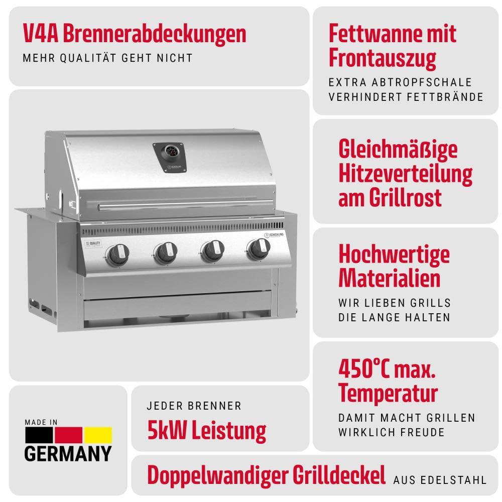 Einbau Gasgrill "Hermann XL - Deluxe" Edelstahl Einbaugrill mit Einfassung, Deckel und Fettwanne mit Frontauszug für Outdoor Küche Grillküche – 4x5kW Brenner – Made in Germany