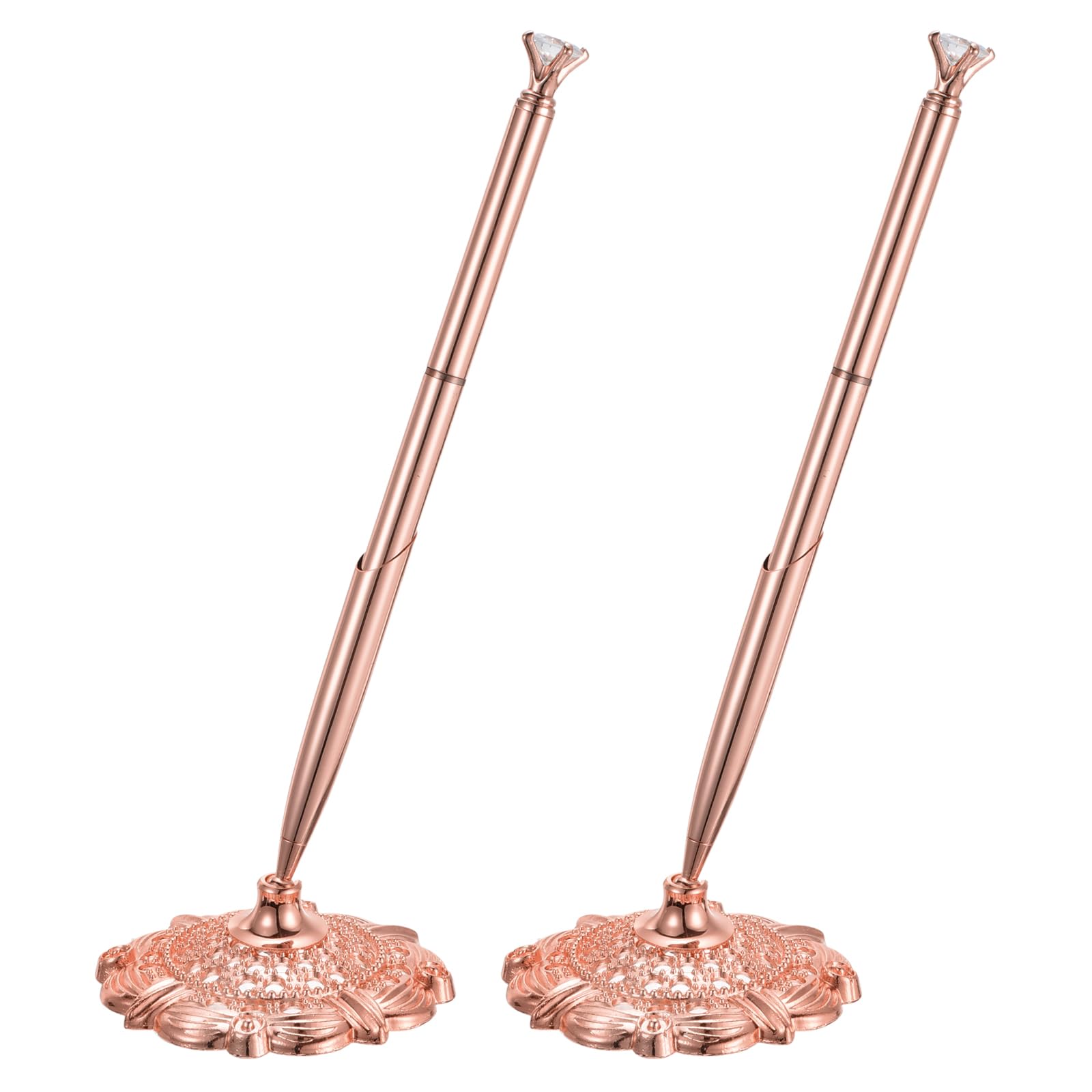 PATIKIL 2 Set Small Diamond Wedding Pen Guest Book Pen with Holder, Rose Gold, 1 count (Pack of 2)