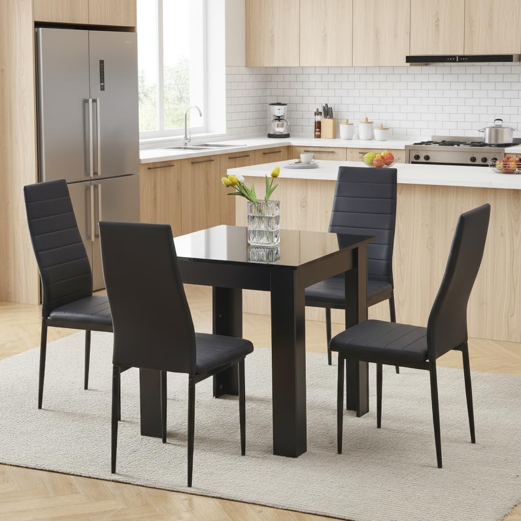 Homullel 75x75 cm Small Dining Table and 4 Chairs, 4 Seater Table and Chairs Set Kitchen Dining Room Set for 4, Compact, Space Saving, Wooden, Glossing Tabletop Black (4 Seats, Faux Leather Black #1)