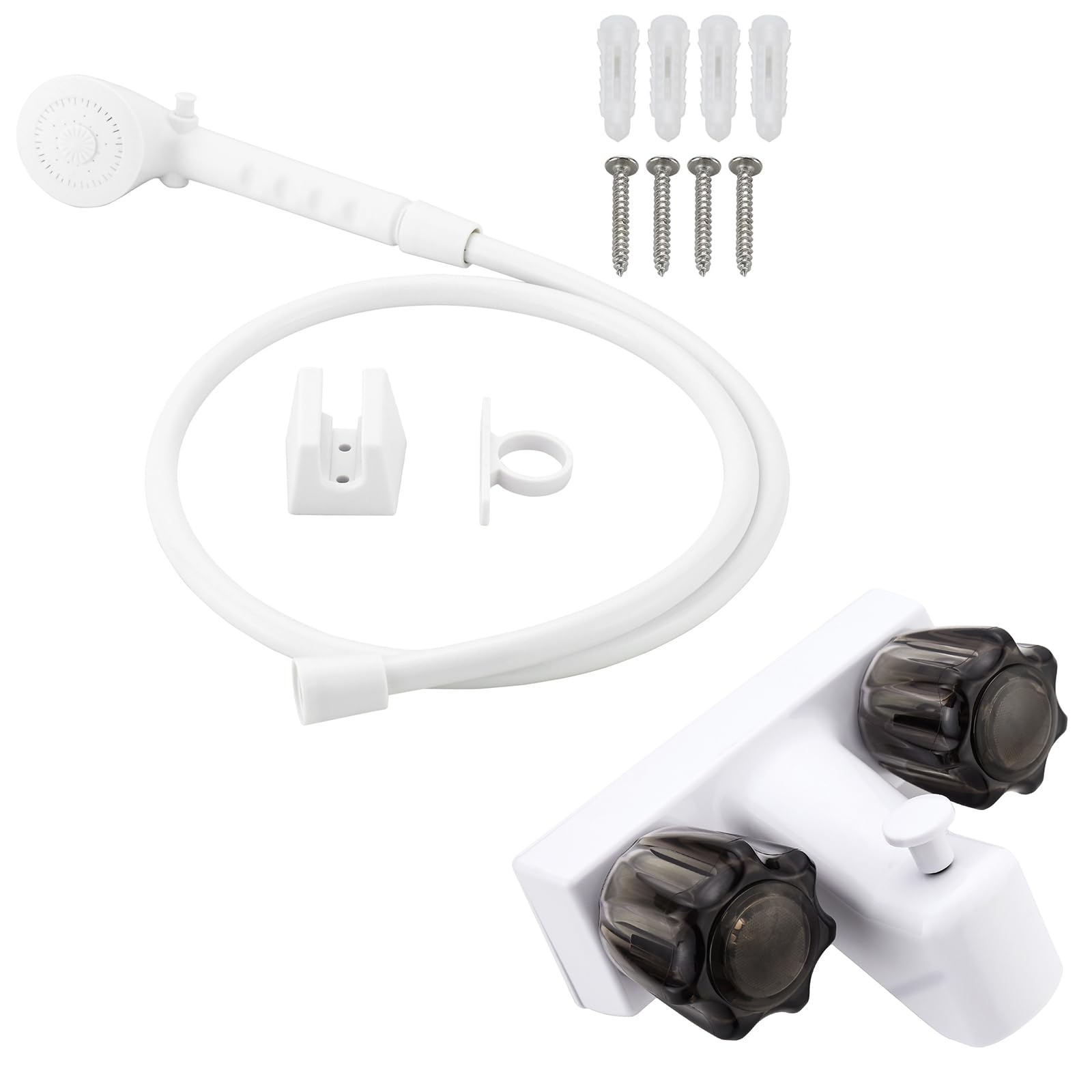 RV Shower Faucet with Hose and Head, RV Outdoor Shower Kits, RV Tub Faucet with Shower Diverter Outdoor Shower Kit Fits for RV/Campers,Travel Trailer,Motorhome (Bathtub Faucet Kit, White + Gray Knob)