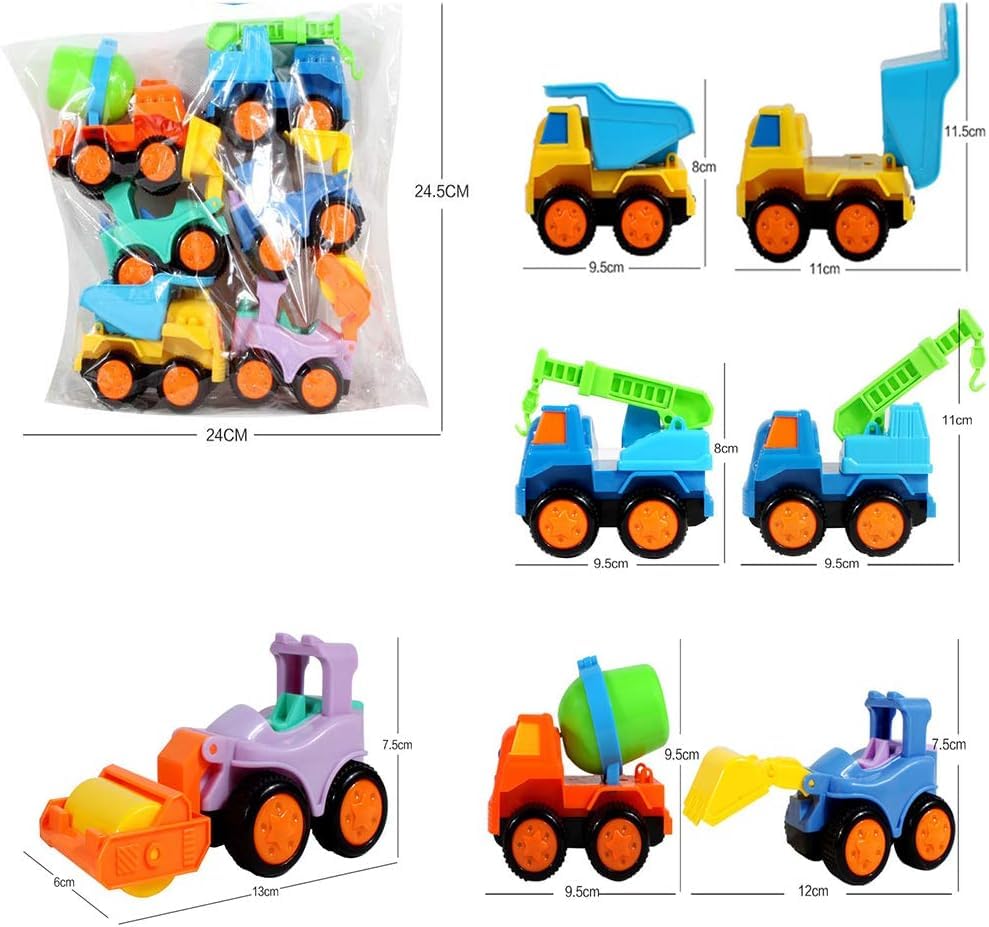 Image of SHAKTISM Construction Vehicle Toys, 6 Pack Friction Powered Cars, Push and Go Play Set with Cement Mixer, Dump Truck, Bulldozer, Tractor, Truck and Road Bike