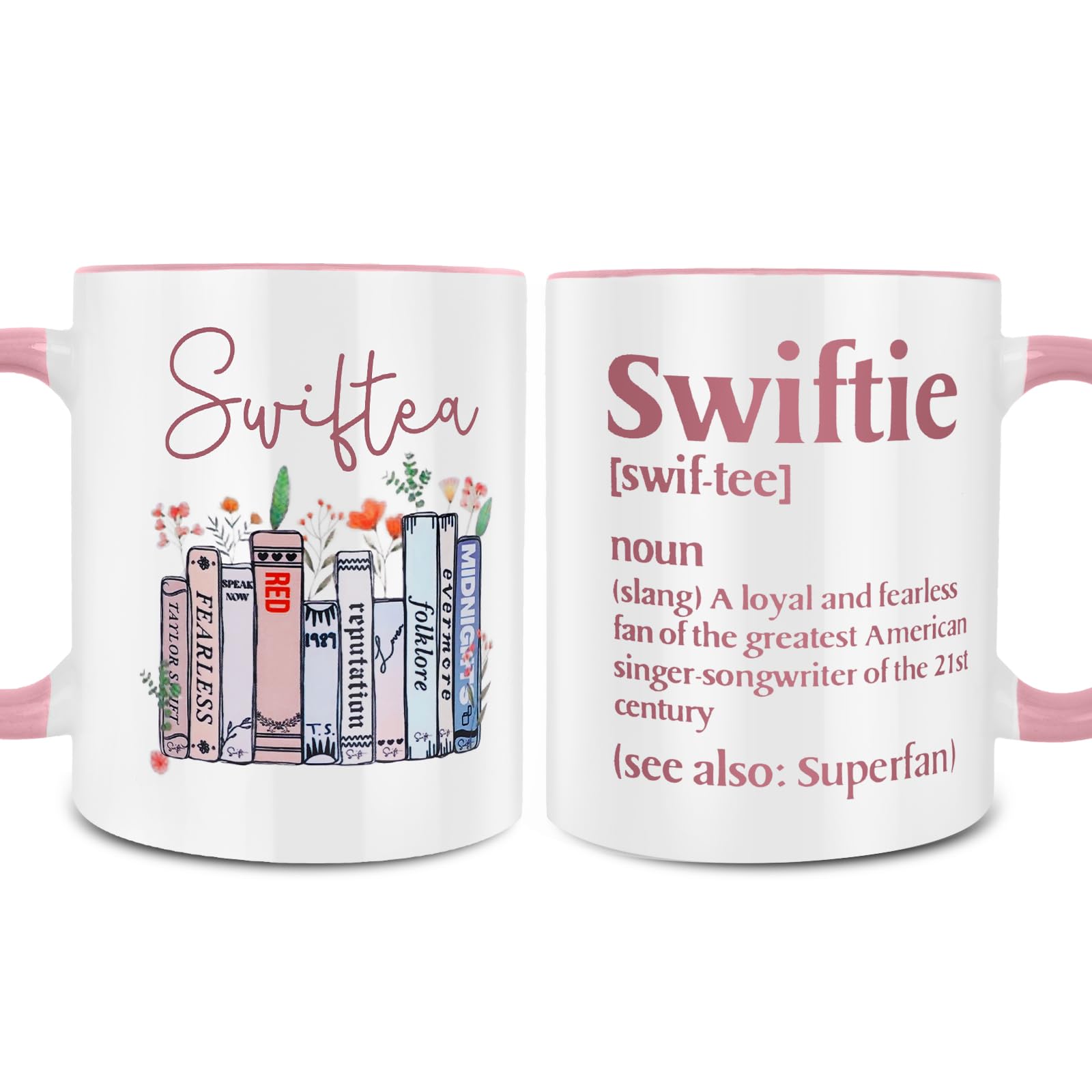 ETAKISH Swiftie Merch Coffee Mug - Taylor Mug - Double Side Printed Swiftea Coffee Mug - 11 Ounce Pink Rim and Interior- Gifts for TS Merchandise - Novelty Coffee Mug