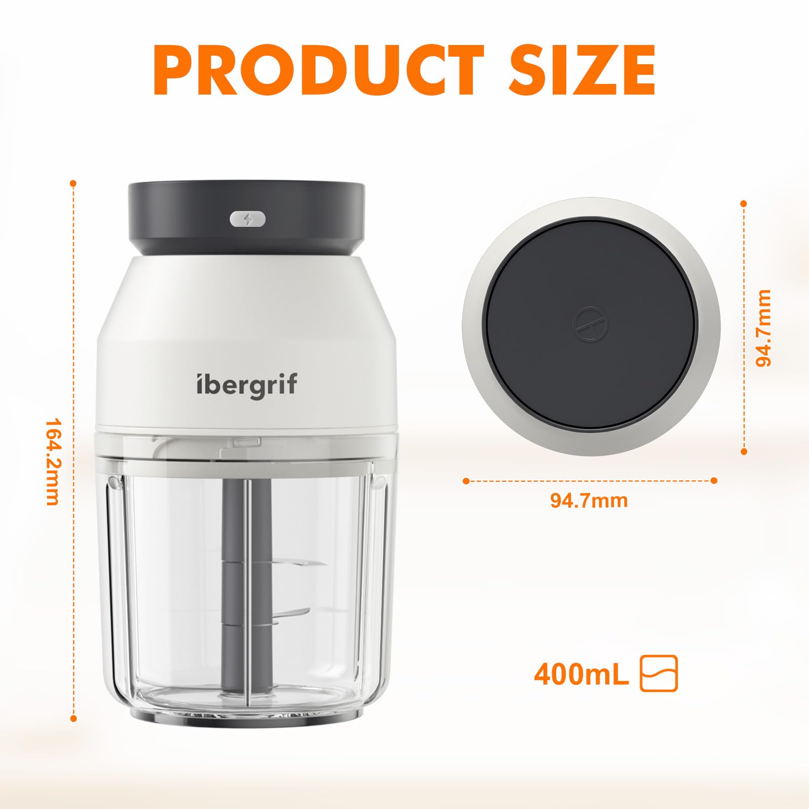 Ibergrif M503 Mini Tritatutto Elettrico, Robot Tritatutto da Cucina 400ml, Ricarica USB, Multifunzione, Portatile Tritatutto da Cucina Elettrico per Verdura, Frutta, Carne e Integratore per Bambini