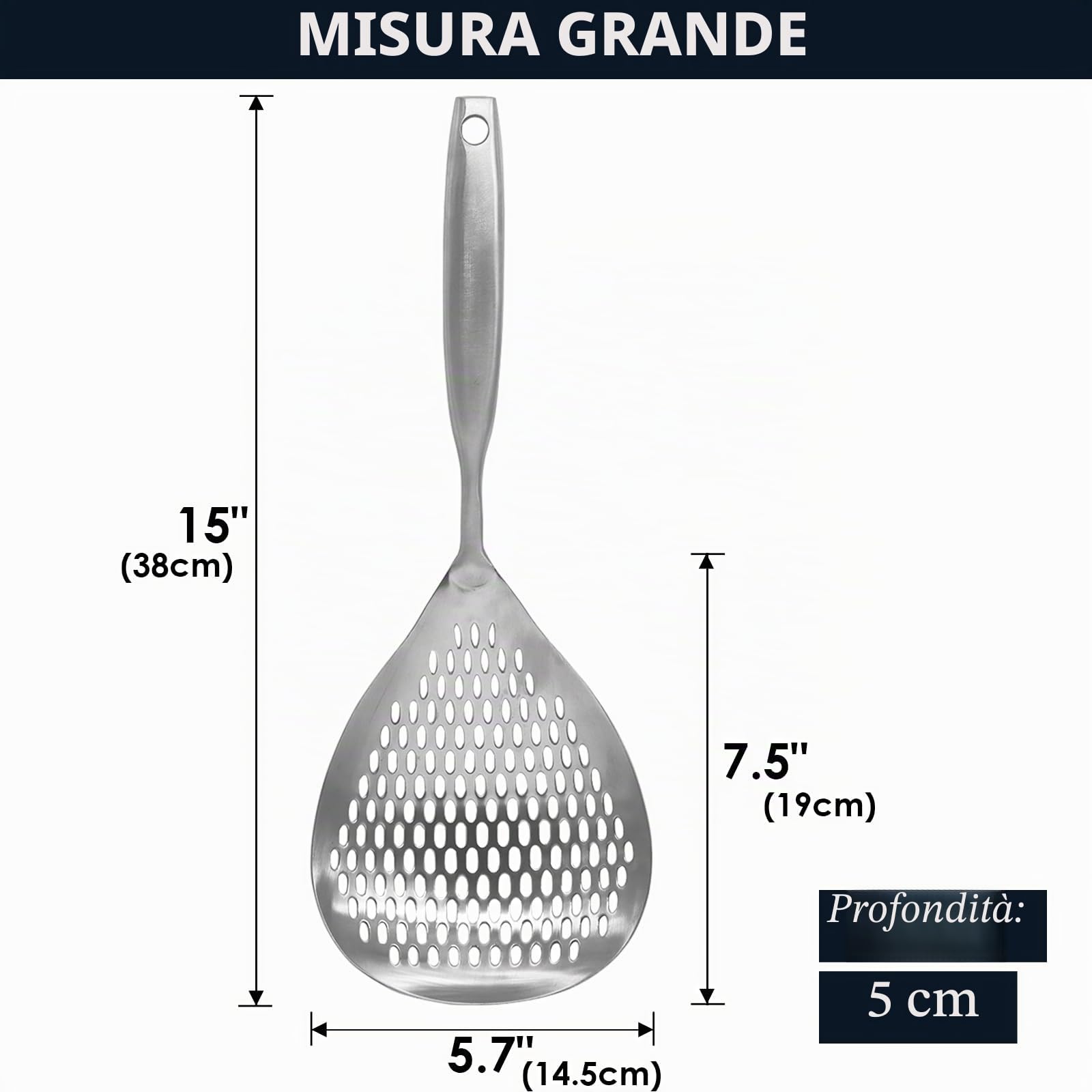 KAYCROWN Schiumarola scanalata, in acciaio inox 304, mestolo per schiumarola, colino per cucinare e friggere, colino per pasta, frittura, cucina