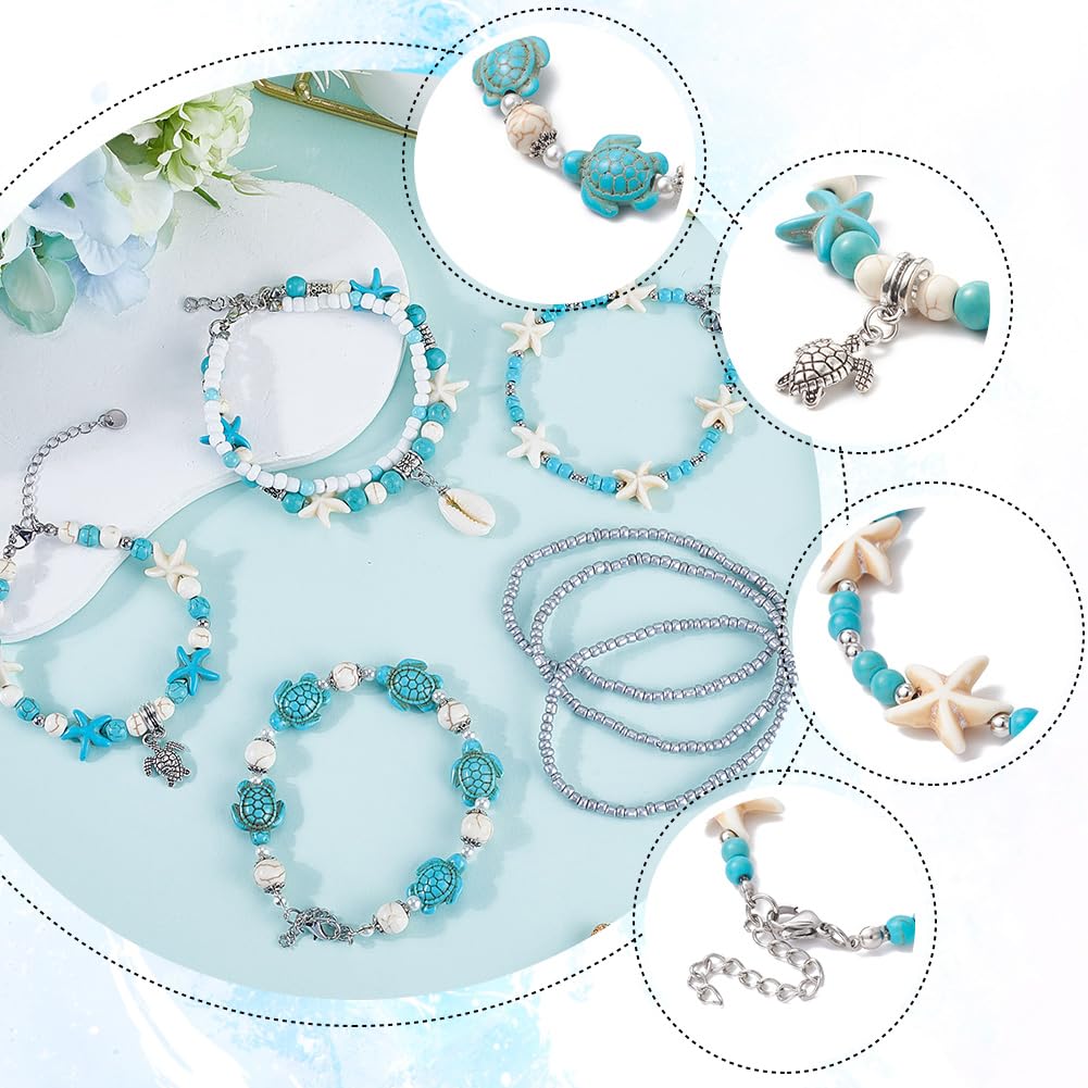 SUNNYCLUE Juego de 7 pulsera de Tortuga Marina con Turquesas para Mujer, Estilo Océano, Verano, Hawái, Concha de Cauri, Cuentas de Cristal Turquesa, Estilo Tibetano, Playa, Multihebra, Joyería de la A